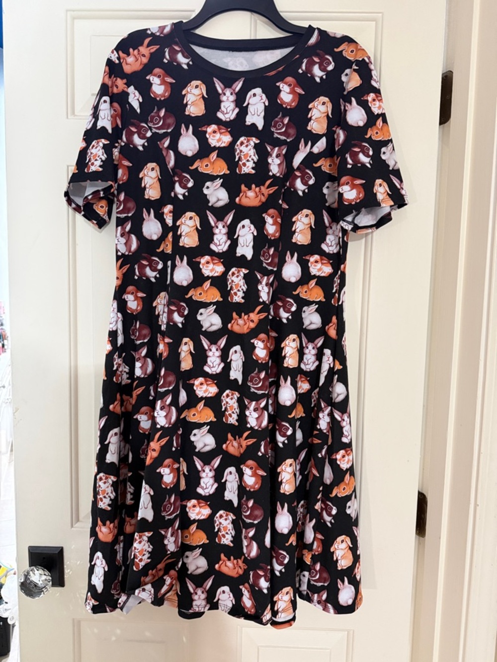 Blackmilk Black Short Sleeve Bunny Print Dress with Orange and White Accents